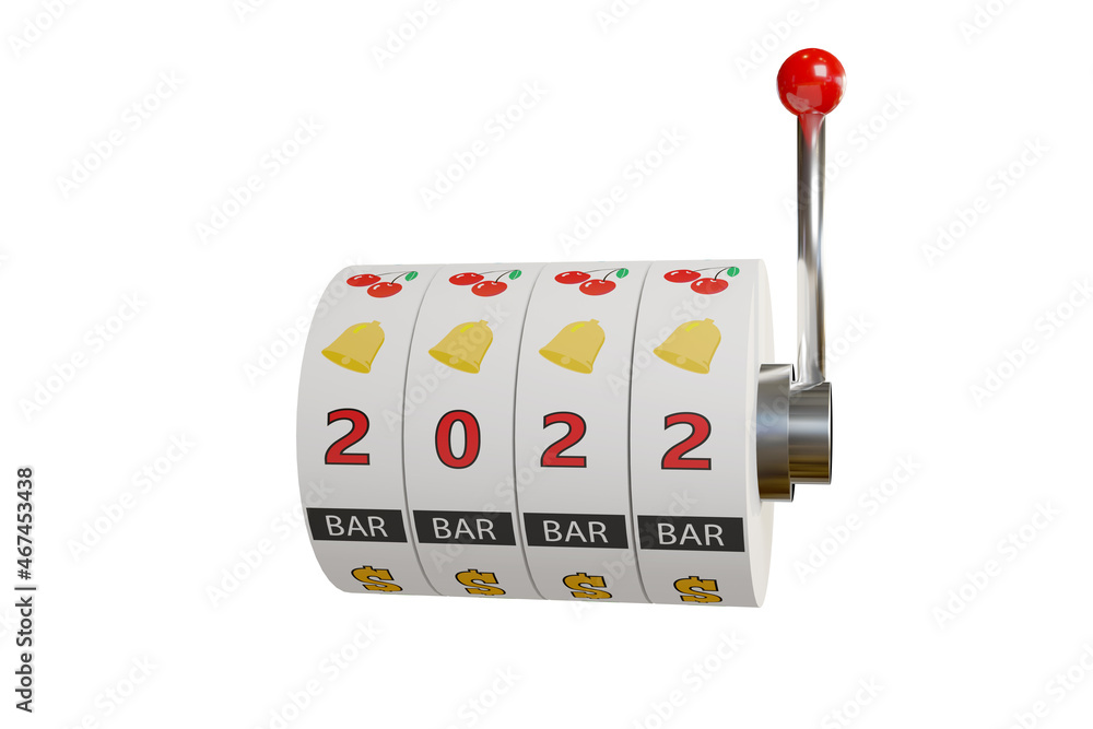 Wheels of a slot machine with the number 2022 isolated on white background. New year concept. 3d illustration. Wheels of a slot machine with the number 2022 isolated on white background. New year concept. 3d illustration.
