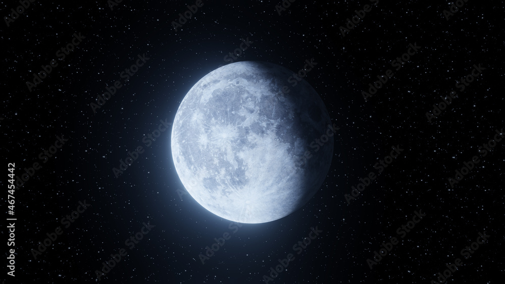 Representation of the moon starting the waning phase on a background of stars. Digital illustration