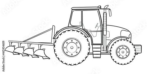 Farm tractor with plow - vector illustration of a vehicle.