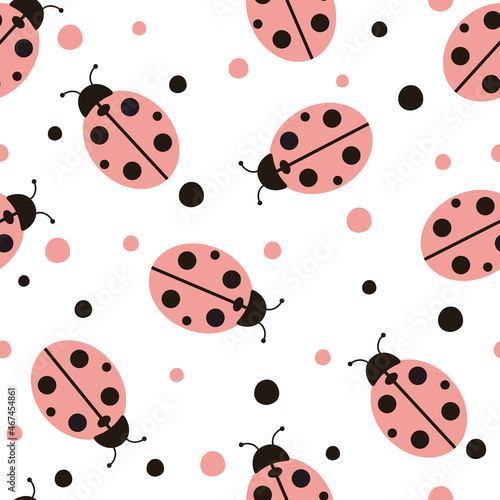 Seamless pattern with cute ladybug on white background. Vector illustration. It can be used for wallpapers, wrapping, cards, patterns for clothes and other.