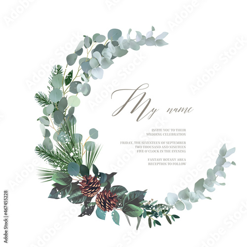 Greenery round wreath with eucalyptus, emerald spruce, pine cones, snow texture