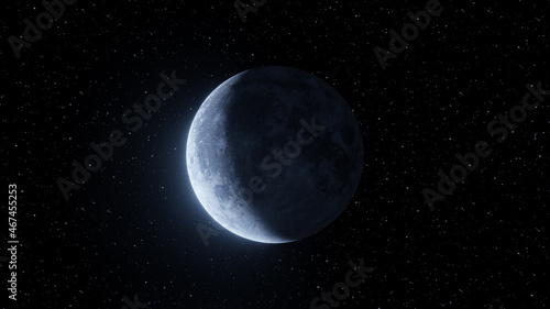 Representation of the moon in last quarter phase on a background of stars. Digital illustration
