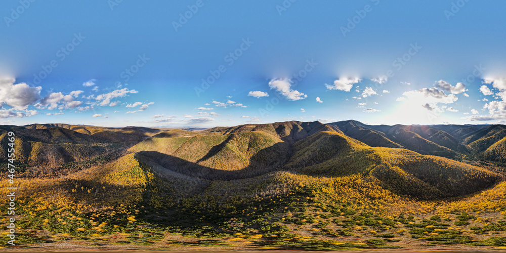 Aerial view of Mountain Range, Autumn, Colorful Red and Yellow Forest in Sunset, Russia, Bureinsky ridge, Kholdomi