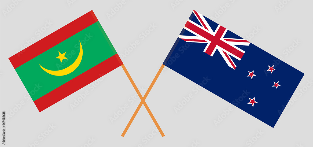 Crossed flags of Mauritania and New Zealand. Official colors. Correct proportion Crossed flags of Mauritania and New Zealand. Official colors. Correct proportion
