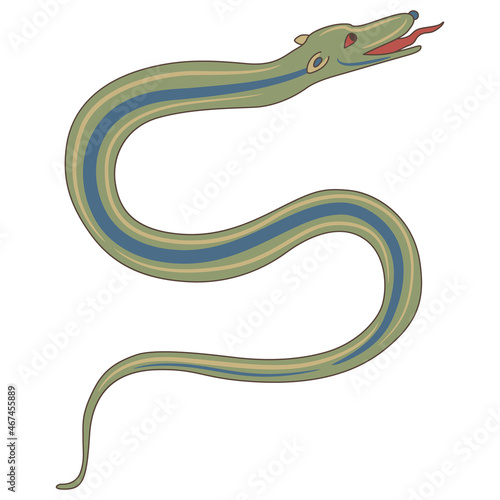 Fantastic snake, serpent or dragon. Medieval animal art. Isolated vector illustration. On white background.
