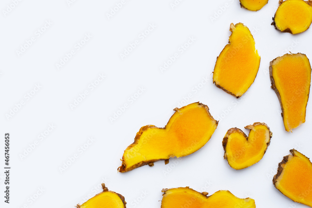 Phlai slices, Cassumumr ginger or zingiber montanum on white background. Phlai slices, Cassumumr ginger or zingiber montanum on white background.