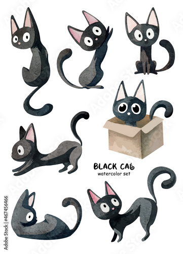 Watercolor set with cute black cats in different situations