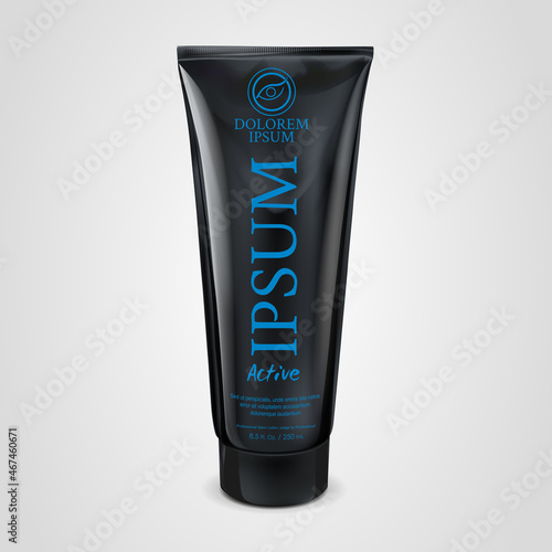 Packaging black glossy 3d realistic tube for cosmetics isolated on white background. There can be creams, toothpaste, gel, sauce, paint, glue, lotions, medicines. Use a mockup for your design