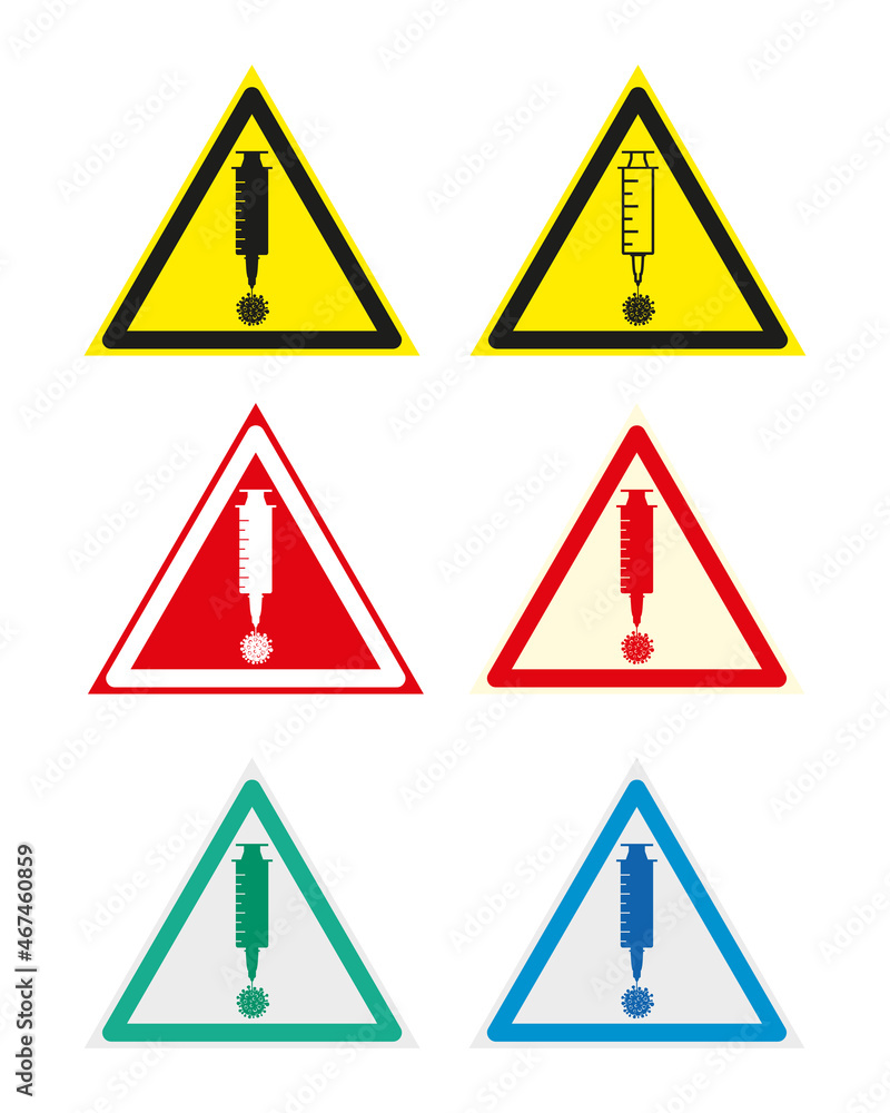 Set of Vaccinated triangle labels. Icon medical syringe with needle and point in flat style. Concept of vaccination COVID-19, injection, isolated vector illustration. Attention vaccination sign Set of Vaccinated triangle labels. Icon medical syringe with needle and point in flat style. Concept of vaccination COVID-19, injection, isolated vector illustration. Attention vaccination sign