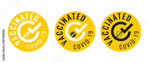 Set of Vaccinated labels. Icon medical syringe with needle in flat style, concept of vaccination COVID-19, injection, isolated vector illustration