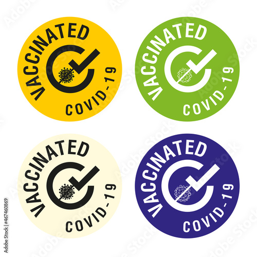 Set of Vaccinated labels. Icon medical syringe with needle in flat style, concept of vaccination COVID-19, injection, isolated vector illustration