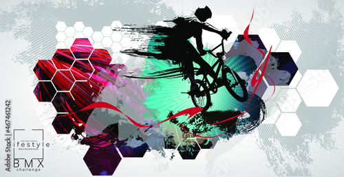 Active man. BMX rider in abstract sport background, vector