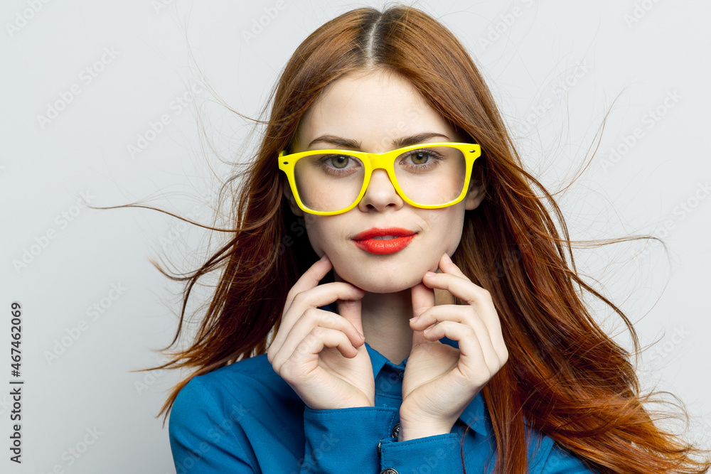 woman wearing yellow glasses red lips home fashion elegant style woman wearing yellow glasses red lips home fashion elegant style