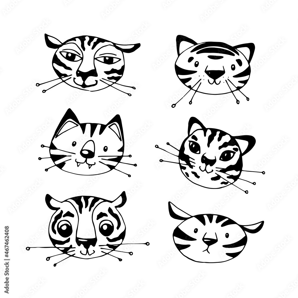 Obraz premium Doodle set with funny tiger faces on white
