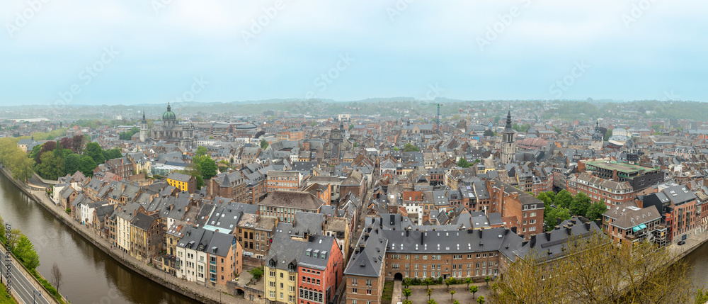 Old houses rooftops panorama with St Aubin's Cathedral and Sambra river in the historical city center of Namur, Wallonia, Belgium
