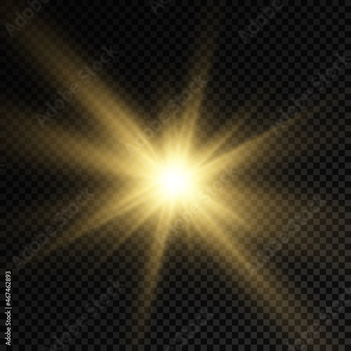 Glow bright light star, yellow sun rays.