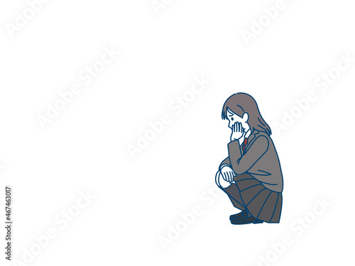 落ち込む女の子　学生　中高生　高校生　中学生　悩み　失敗　イラスト素材