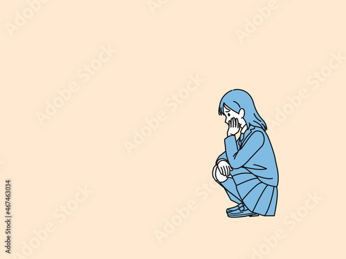 落ち込む女の子　学生　中高生　高校生　中学生　悩み　失敗　イラスト素材