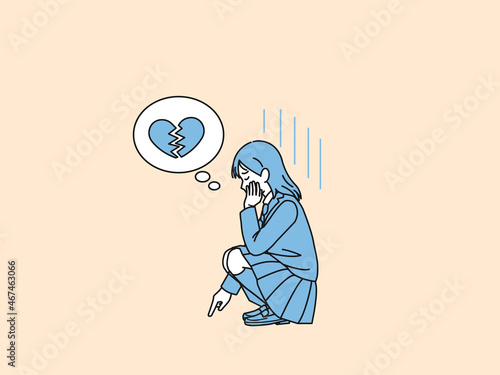 失恋　落ち込む女の子　いじける　学生　中高生　高校生　中学生　イラスト素材