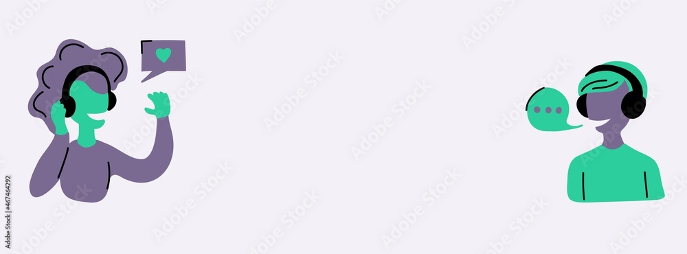 Podcast banner with female and male talking. Broadcasting or recording studio vector illustration for cover design, blogs and social media. Doodle hand drawn style. Podcast banner with female and male talking. Broadcasting or recording studio vector illustration for cover design, blogs and social media. Doodle hand drawn style.