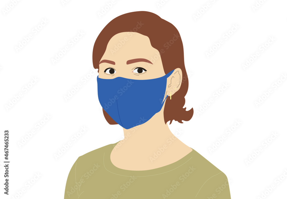 Portrait of woman in blue protective face mask. Protection against COVID-19, smog. Flat style isolated vector illustation.