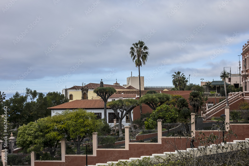 XIX century La Orotava public Victoria Gardens (Jardines Victoria): numerous water fountains, terraced gardens with colorful flowers and marble mausoleum. La Orotava, Tenerife, Canary Islands, Spain.