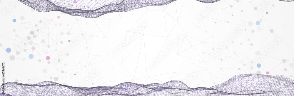 Abstract 3d background. Plexus effect. Wireframe surface. Virtual landscape. Stock vector illustration