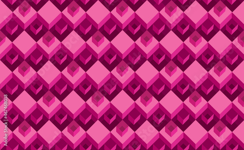 Geometric seamless pattern with three-dimensional cubes. Abstract mosaic of pink color square shape box. Diamond tle ornament