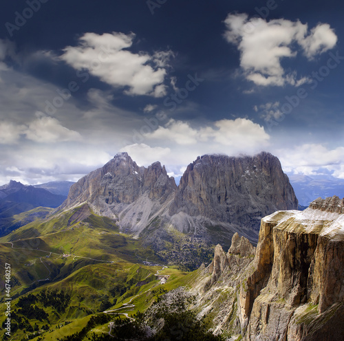 The view of Sasso Lungo (Langkofel), Dolomiti mountain - Italy Europe, UNESCO World Heritage Site photo