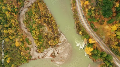 Aerial view of the Vedder Crossing in fall color in Chilliwack city, where the Vedder River changes its name to Chilliwack River, British Columbia, Canada photo