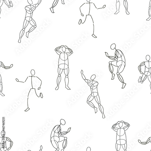 Seamless pattern with a graphic frame human figure in movement in different poses on a white background