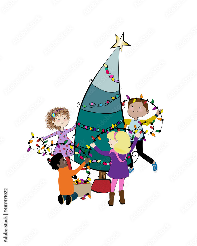 Fototapeta premium Children decorating a Christmas tree in a whimsical illustration