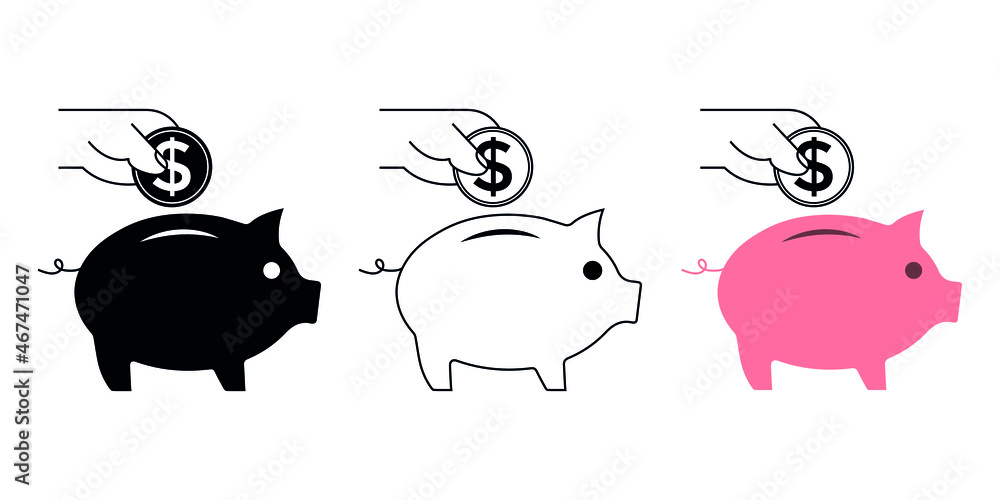 Piggy bank icon set. Piggy bank, saving money, icon saving money in piggy bank. Baby pig piggy bank. vector illustration Piggy bank icon set. Piggy bank, saving money, icon saving money in piggy bank. Baby pig piggy bank. vector illustration