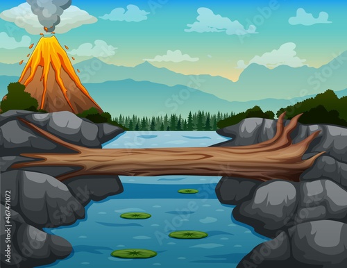 Background scene with a river and volcano erupt illustration