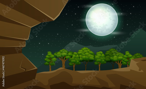 Cartoon illustration of cave entrance at night