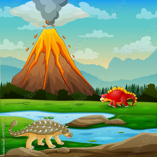 Cute dinosaurs with volcano erupting background illustration