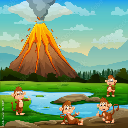 Cute cartoon of monkeys relaxing by the river with volcano erupt