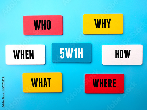 Colored wooden cube written with text 5W1H on a blue background. photo