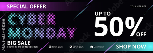 Cyber Monday sale banner with neon color and speed light