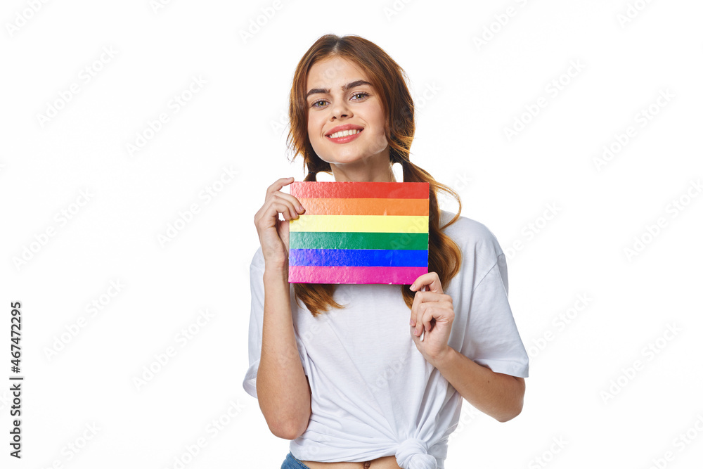 woman wearing white t-shirt lgbt flag inventor community woman wearing white t-shirt lgbt flag inventor community