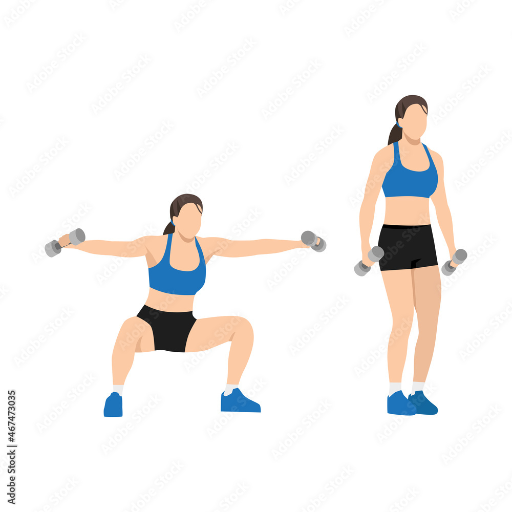 Woman doing Wide pop squat with lateral raise exercise. Flat vector illustration isolated on white background Woman doing Wide pop squat with lateral raise exercise. Flat vector illustration isolated on white background