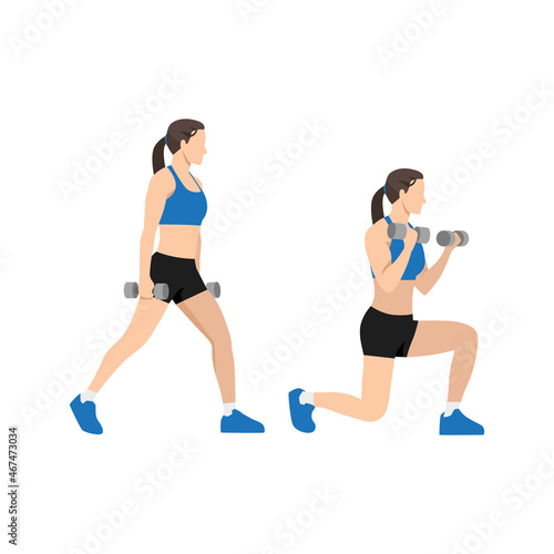 Woman doing Stationary lunge with biceps curl exercise. Flat vector illustration isolated on white background