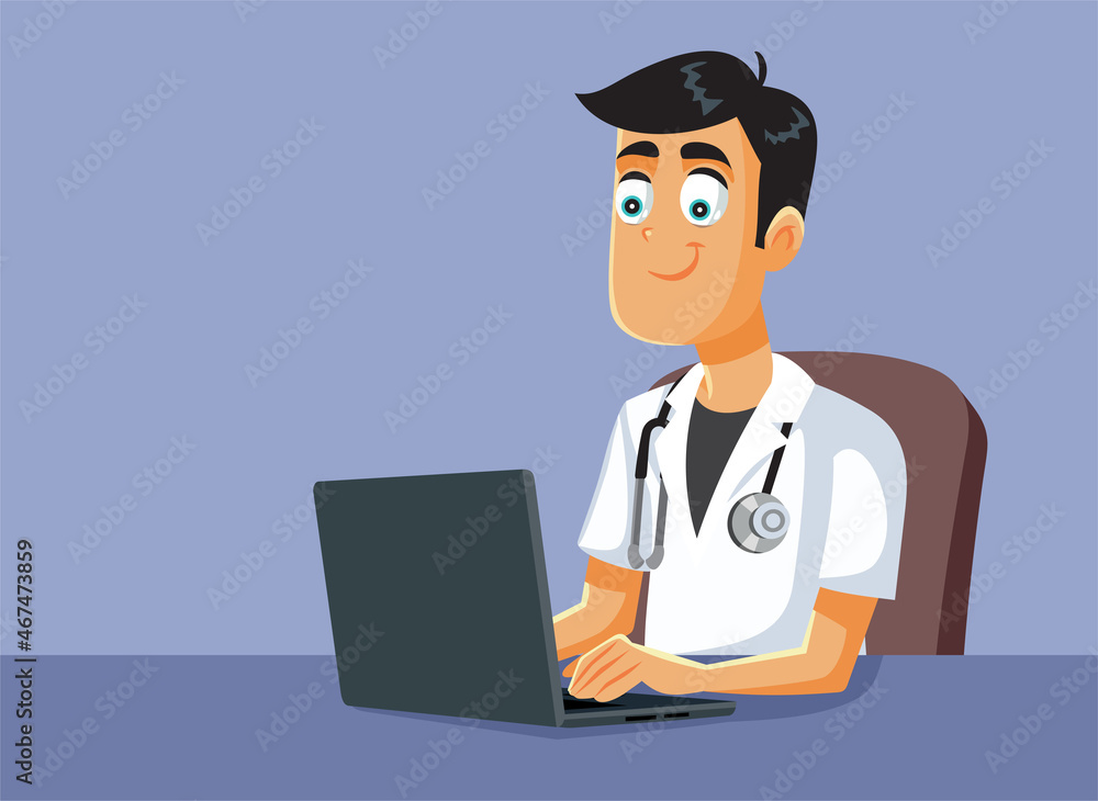 Medical Doctor at the Desk in his Office Vector Cartoon Illustration