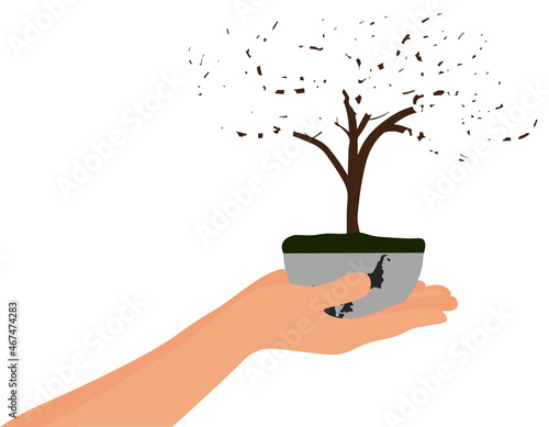 manos sosteniendo al mundo gris, con un árbol seco, sin hojas. descuidando el medio ambiente, fondo transparente