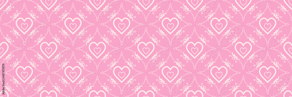 Romantic background image with hearts and decorative elements on light pink background for your design. Seamless background for wallpaper, textures.