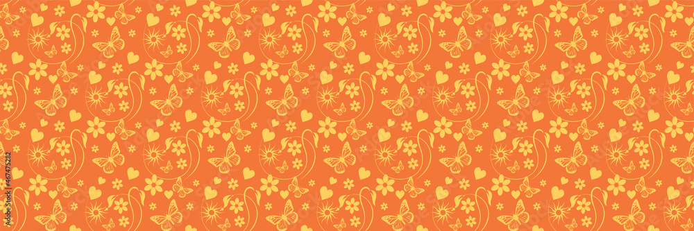 Beautiful background image with flowers, leaves and butterflies on an orange background for your design. Seamless background for wallpaper, textures. 