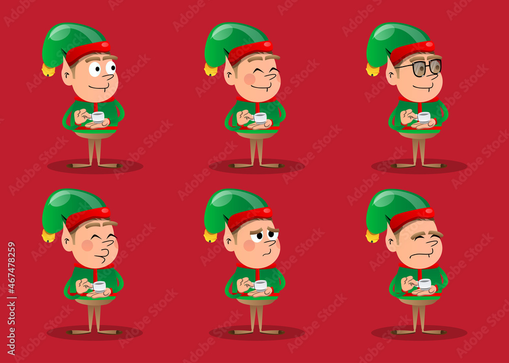 Christmas Elf holding a cup of coffee. Vector cartoon character illustration of Santa Claus's little worker, helper. Christmas Elf holding a cup of coffee. Vector cartoon character illustration of Santa Claus's little worker, helper.