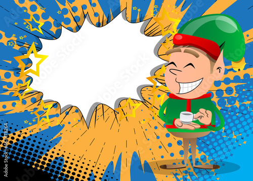 Christmas Elf holding a cup of coffee. Vector cartoon character illustration of Santa Claus's little worker, helper.