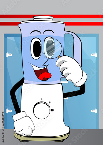 Food Blender holding a magnifying glass as a cartoon character with face. Electric kitchen equipment for food processing.