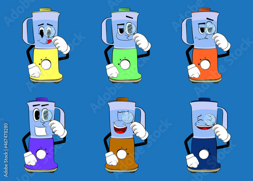 Food Blender holding a magnifying glass as a cartoon character with face. Electric kitchen equipment for food processing.